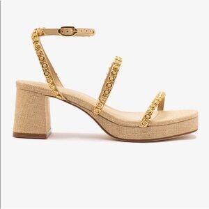 Larroude Beige and Gold Block Heel Sandals